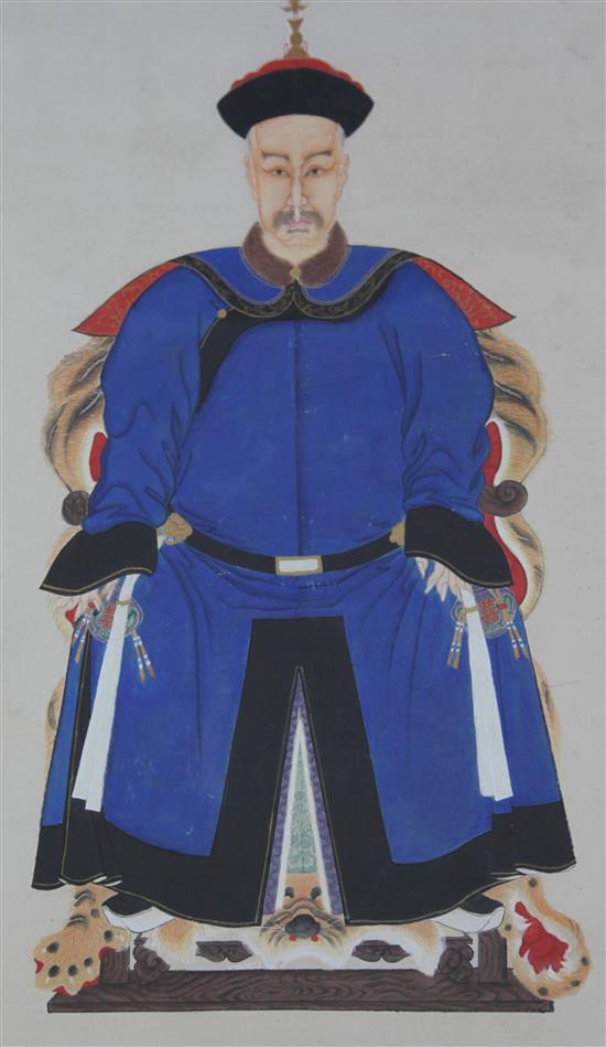 Five Chinese ancestor portraits, late Qing dynasty, largest 106 x 57.5cm including borders